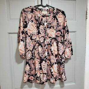 Melloday Tunic Women Size Small‎ Floral 3/4 Sleeve V Neck Black Button Down New